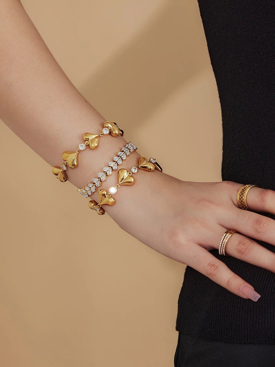 Heart Bracelet In Stainless Steel 18k Gold Plated Waterproof Non Tarnish Shiny Zircon Cubic Zirconia Chain Bracelets For Women
