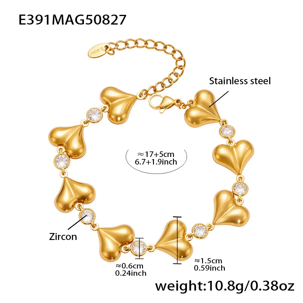 Heart Bracelet In Stainless Steel 18k Gold Plated Waterproof Non Tarnish Shiny Zircon Cubic Zirconia Chain Bracelets For Women
