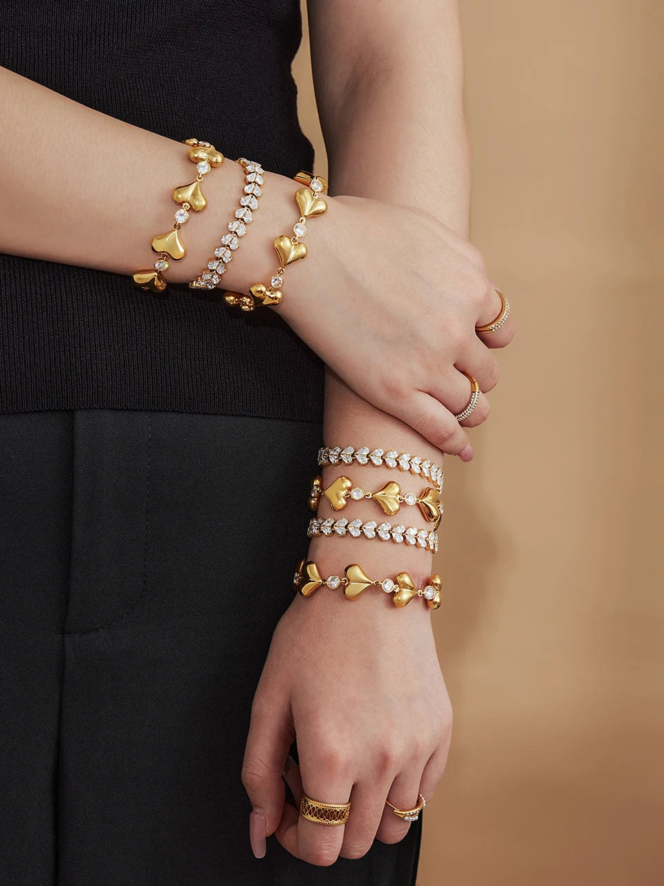 Heart Bracelet In Stainless Steel 18k Gold Plated Waterproof Non Tarnish Shiny Zircon Cubic Zirconia Chain Bracelets For Women