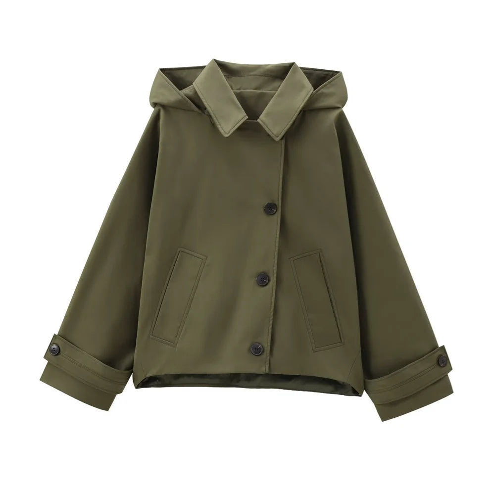 RARF autumn new European and American style hooded long sleeved lapel jacket single breasted trench coat short jacket