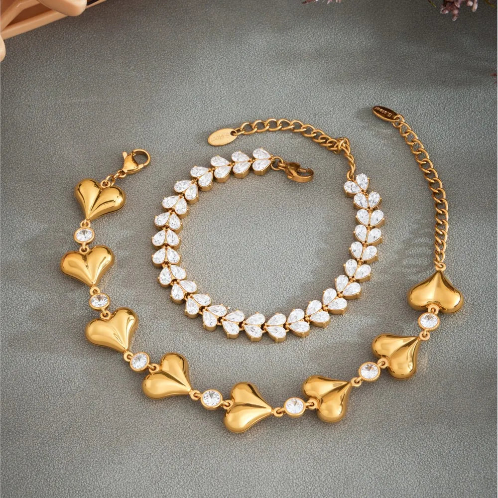 Heart Bracelet In Stainless Steel 18k Gold Plated Waterproof Non Tarnish Shiny Zircon Cubic Zirconia Chain Bracelets For Women