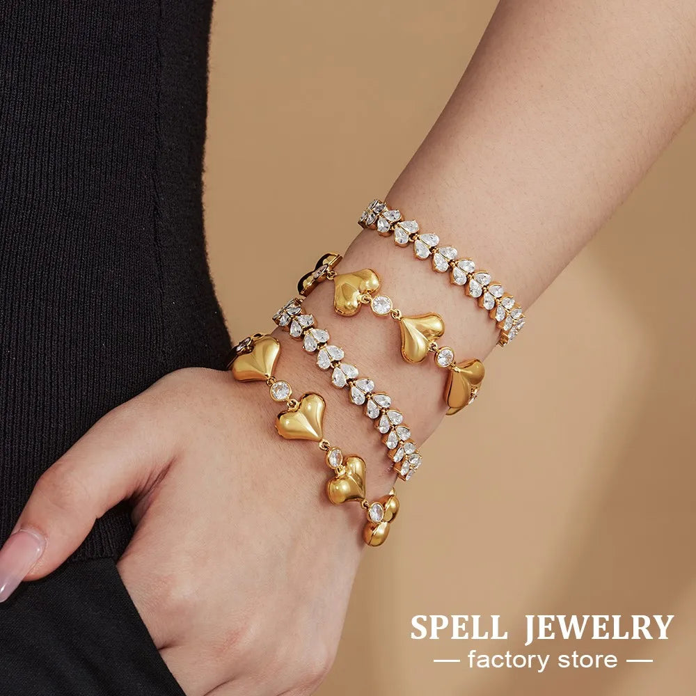 Heart Bracelet In Stainless Steel 18k Gold Plated Waterproof Non Tarnish Shiny Zircon Cubic Zirconia Chain Bracelets For Women