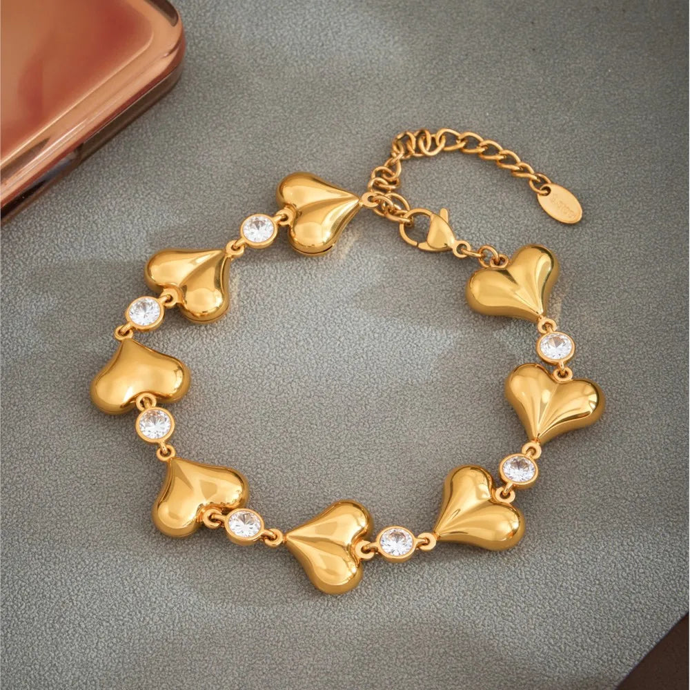 Heart Bracelet In Stainless Steel 18k Gold Plated Waterproof Non Tarnish Shiny Zircon Cubic Zirconia Chain Bracelets For Women
