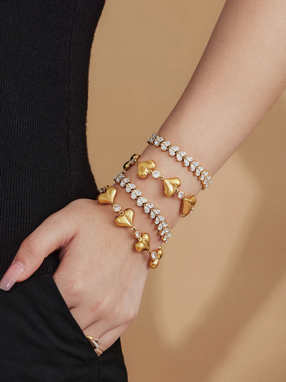 Heart Bracelet In Stainless Steel 18k Gold Plated Waterproof Non Tarnish Shiny Zircon Cubic Zirconia Chain Bracelets For Women