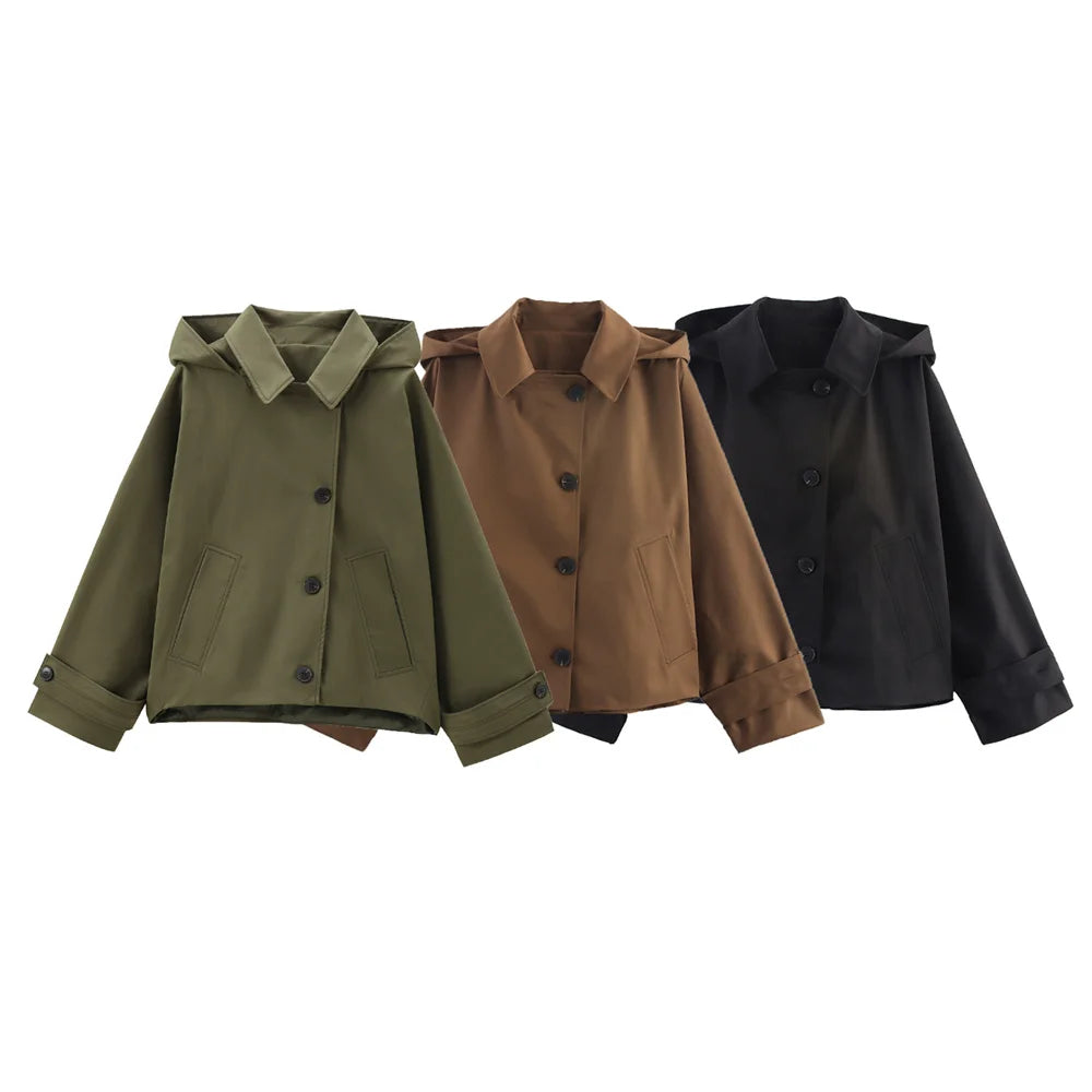 RARF autumn new European and American style hooded long sleeved lapel jacket single breasted trench coat short jacket