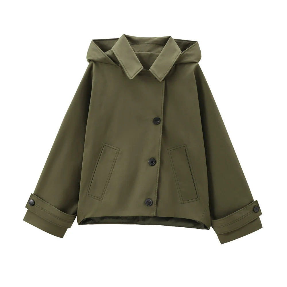 RARF autumn new European and American style hooded long sleeved lapel jacket single breasted trench coat short jacket