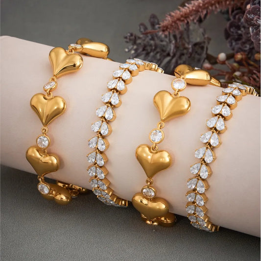 Heart Bracelet In Stainless Steel 18k Gold Plated Waterproof Non Tarnish Shiny Zircon Cubic Zirconia Chain Bracelets For Women